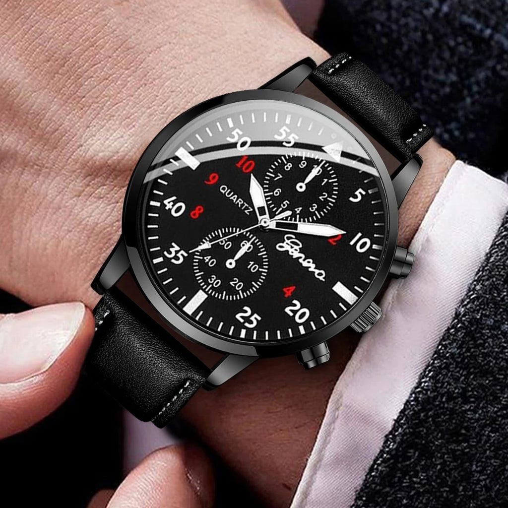 4PCS/Set Fashion Arabic Dial Men Business Watches Casual Leather Strap Quartz Wristwatch Jewelry Set Reloj Hombre (Without Box) Qme