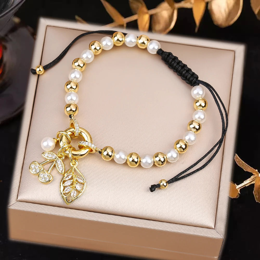 High Quality Pearl Chain Braided Crystal Cherry Adjustable Rope Bracelet Charming For Woman Girl Party Jewelry Gift Daily Wear Qme K