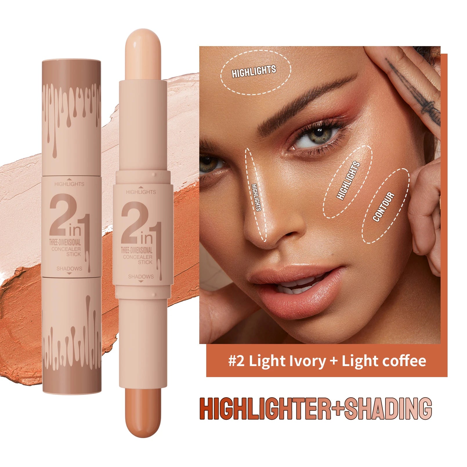 Double-ended dual-purpose high-light trimming stick, three-dimensional contour, nose shadow, facial shape, brighten and trimming Qme 9512-2