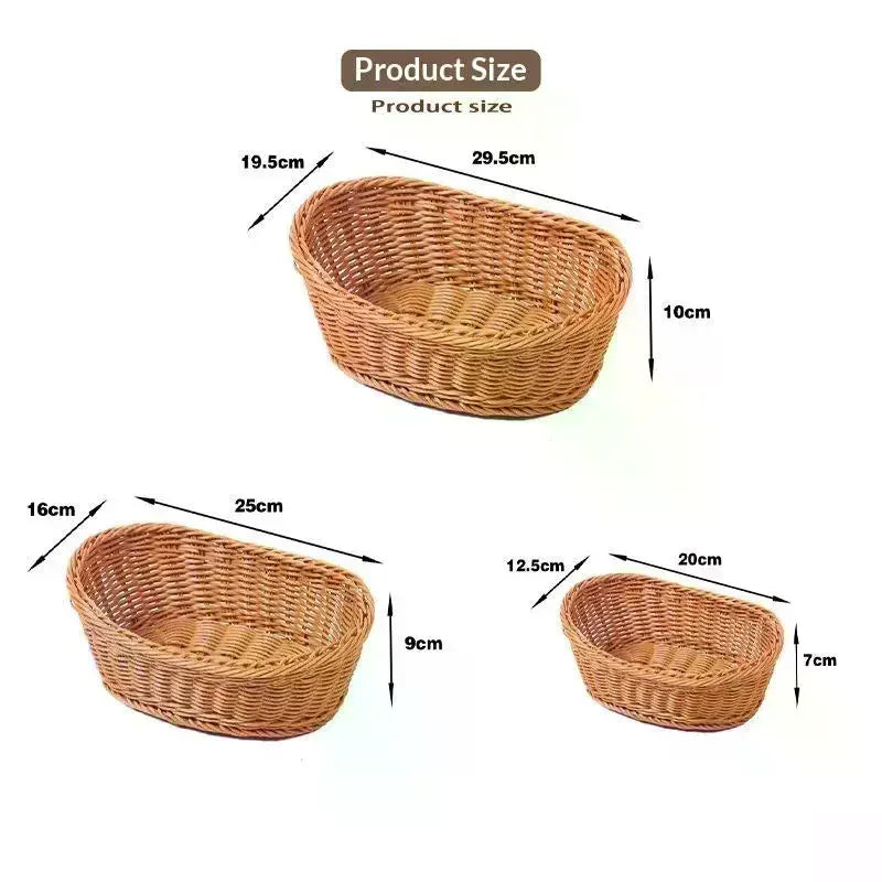 Handwoven Plastic Rattan Basket Durable Washable For Kitchen Bread Fruits Snacks Holder Qme