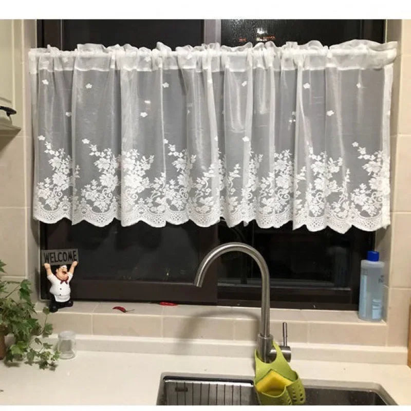 European White Lace Short Curtains for Kitchen Outdoor Patio & Balcony Decorative Window Drapes Qme