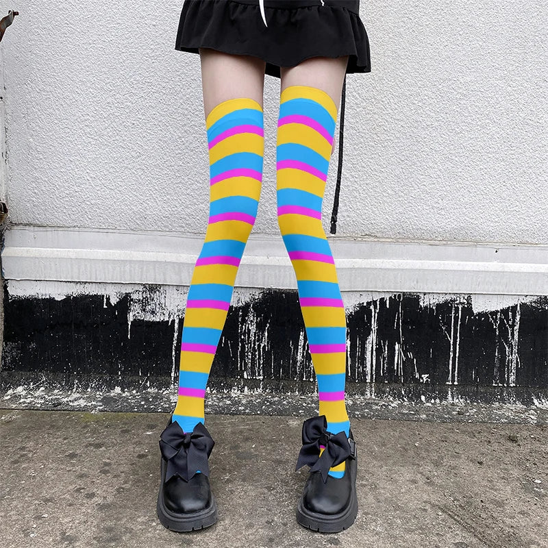 Fun Rainbow Striped Stockings Women's Sexy Fashion Multicolor Thigh Qme