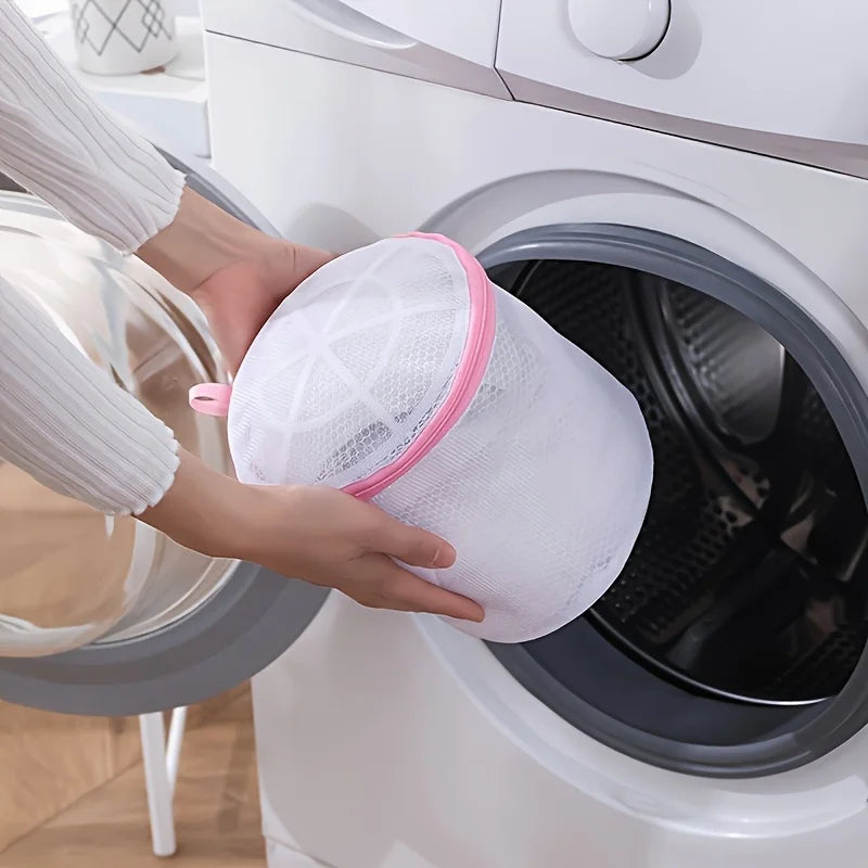 Laundry Bra Washing Bag - Mesh Design, Foldable Oval, with Pink Zipper Closure, Exquisite Storage Bag, Suitable for Travel, Qme