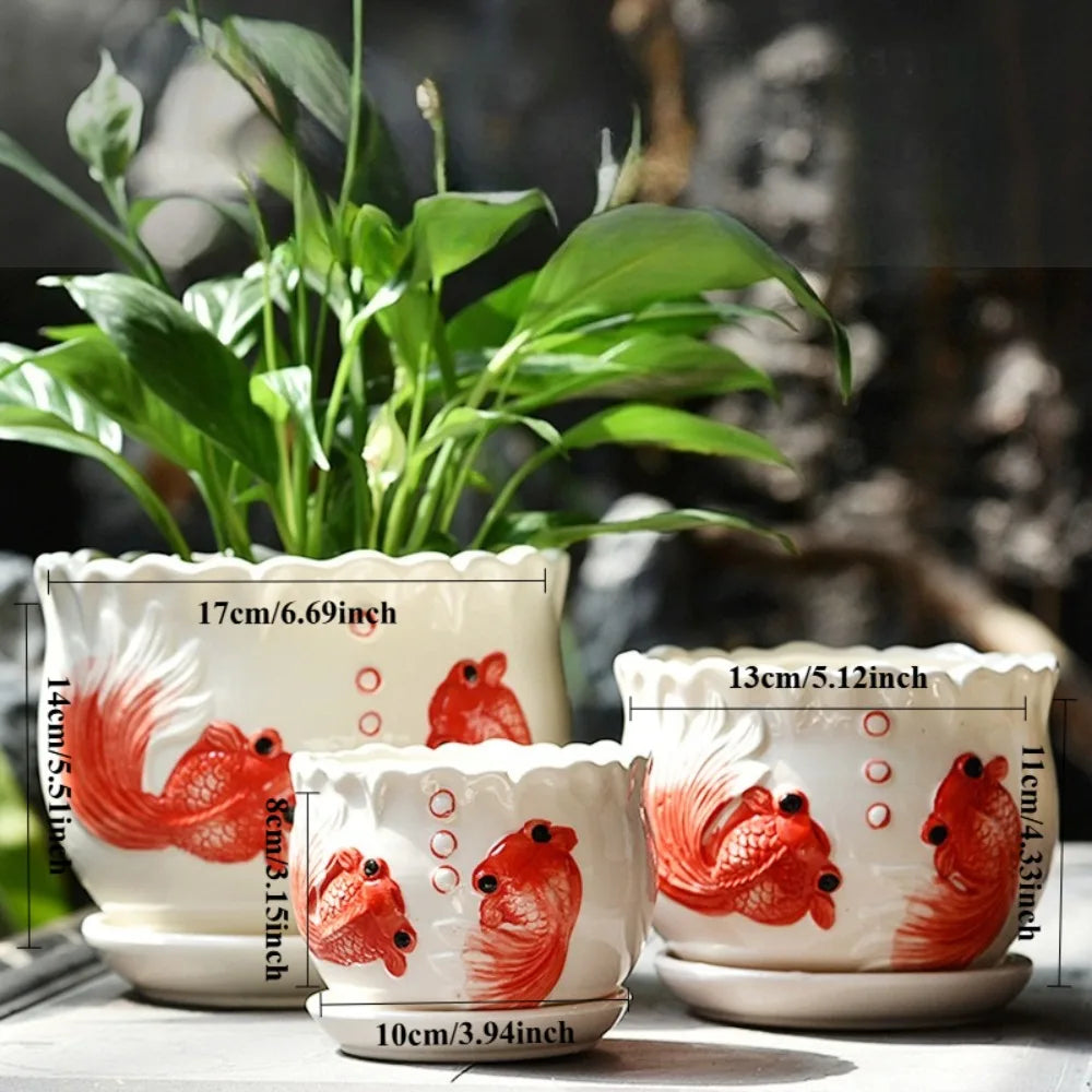 Ceramic Plant Pots Set of 3 Planters with Drainage Holes Flower Pot Outdoor Indoor Modern Decor for Garden Succulent Pots Qme Fish Set-3PCS