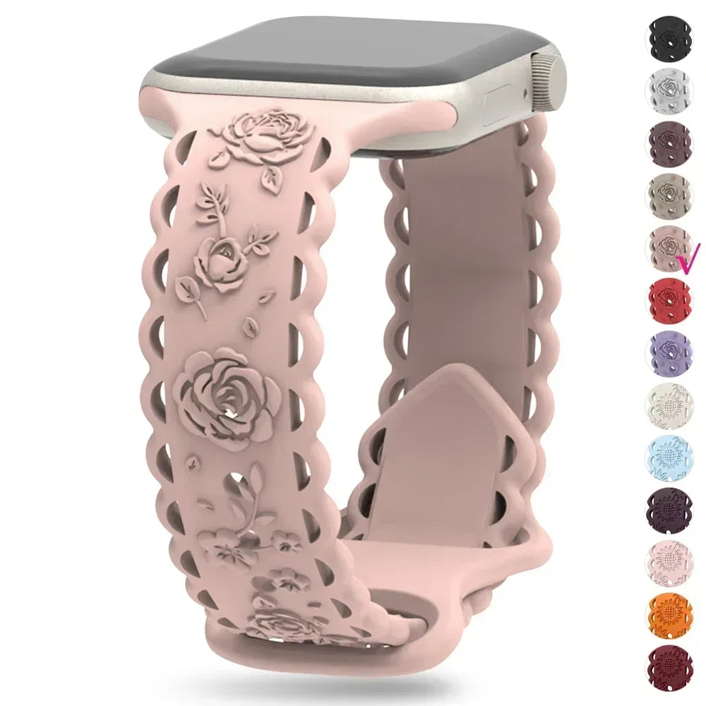 Engraved Floral Strap for Apple Watch Ultra2 49mm 45 44 42 41 40mm 38mm Silicone Band for IWatch Series 9/8/7/6/5/4/3/2/SE Ultra Qme
