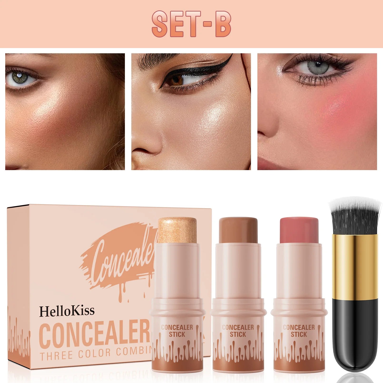 Contour Sticks, Highlighter Stick, Blush Stick, 3-Piece Cream Contour Set Including Contour Brush, Creates Facial Contours Qme 9507B-020-1