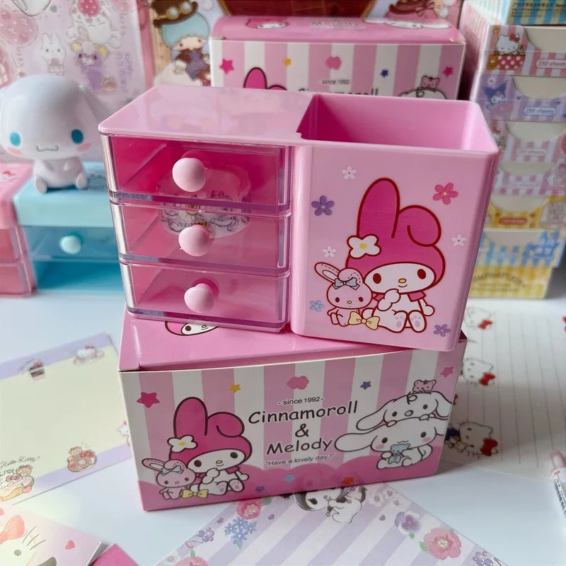 Hello Kitty, Kuromi, and Japanese-Style Cute Desktop Pencil Holder Student Storage Box Melody Mini Drawer Organizer Qme