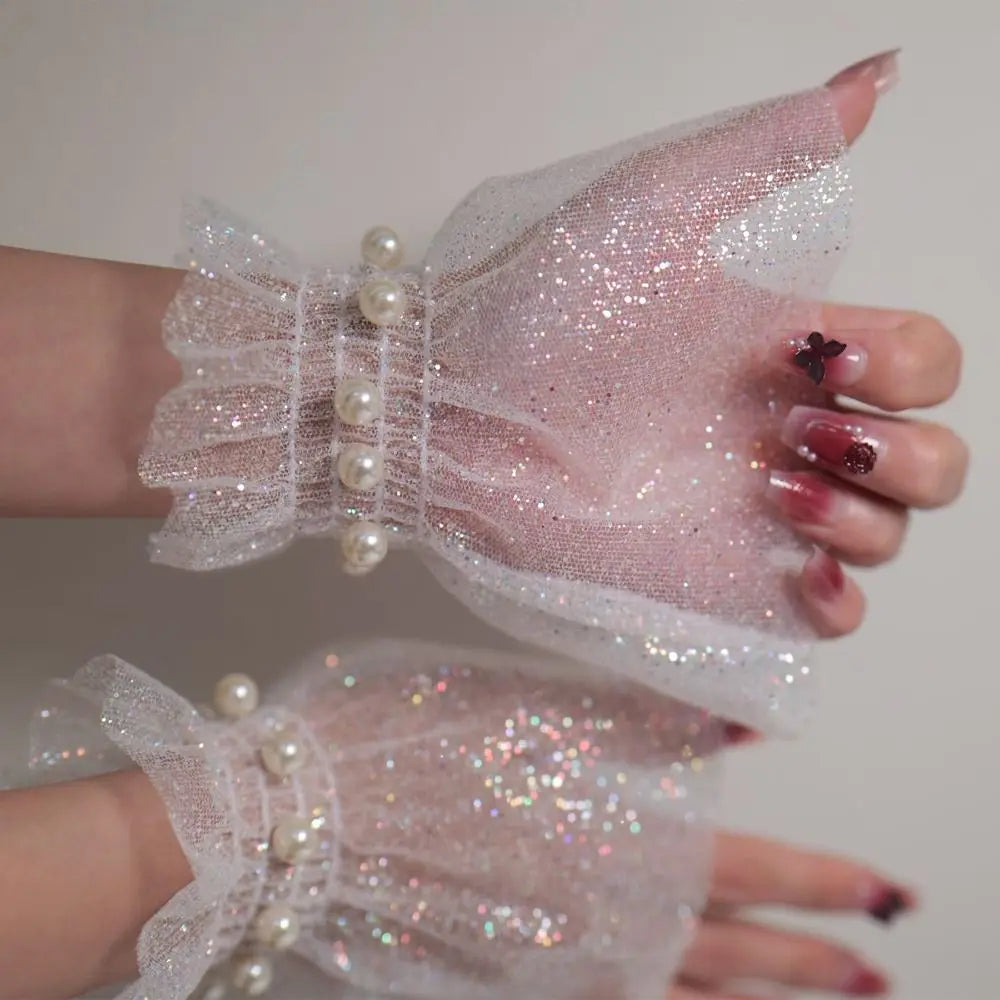 Short Length Wrist Fake Sleeves Tulle Sequin Nail Art Background Qme