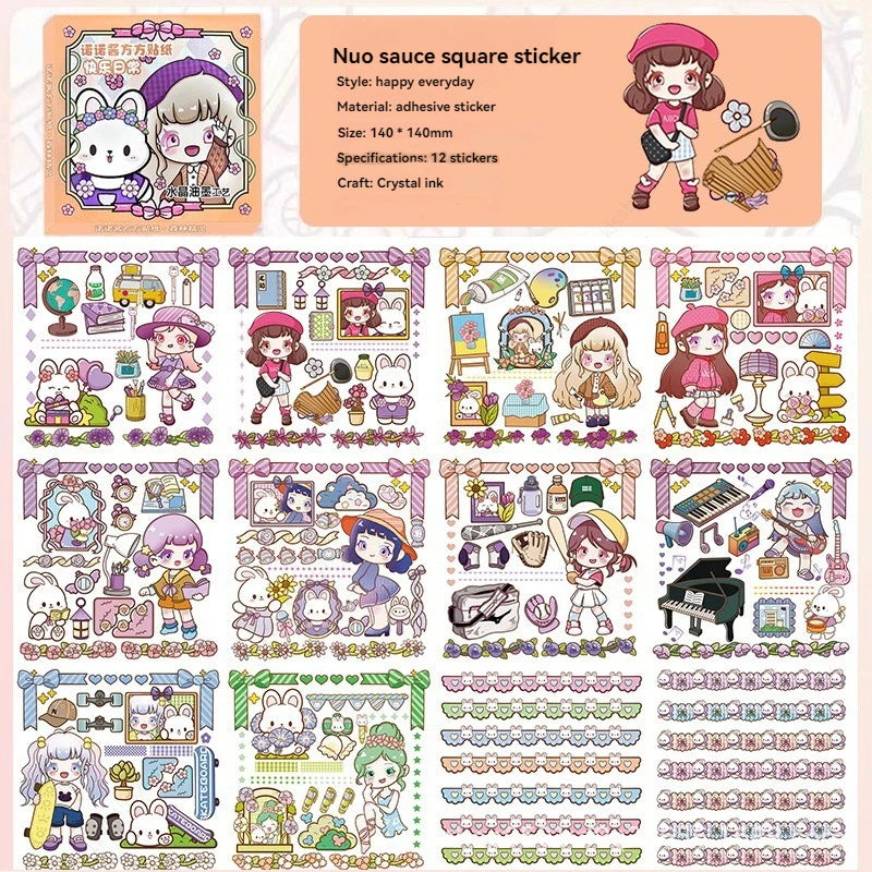 Cute Stickers Cartoon Ins Style Girls and Children and Paper Handbook Stickers Decorative Materials Hand-cut Kids Sticker Qme happy everyday