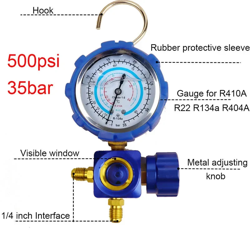For R410A R22 R134a R404A Air Condition Gauge Refrigerants Manifold Gauge Manometer Valve 800psi/500psi with Visual Mirror Qme Low pressure