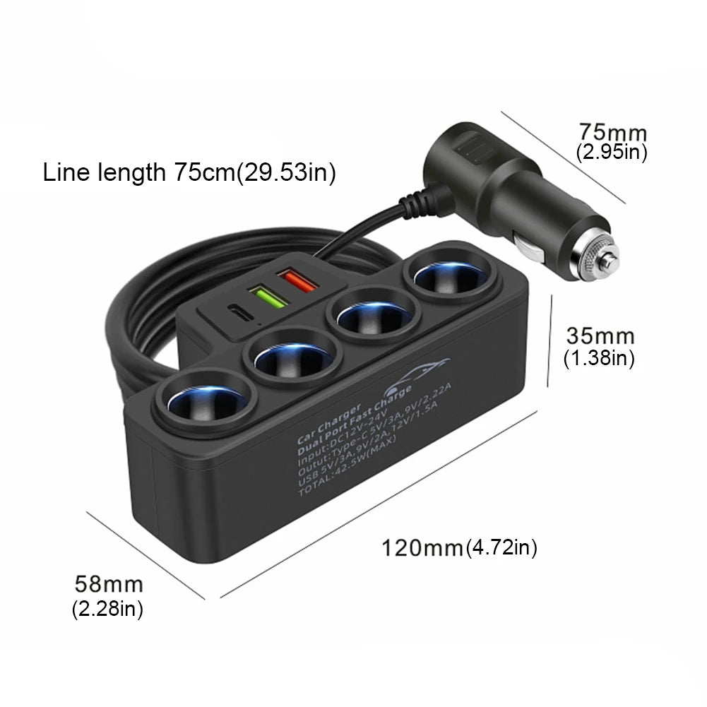 Car USB Charger QC3.0+PD 3.1A 12V-24V 3 USB Socket 4-Socket 3 USB Ports Car Cigarette Lighter Splitter USB Phone Charger Adapter Qme