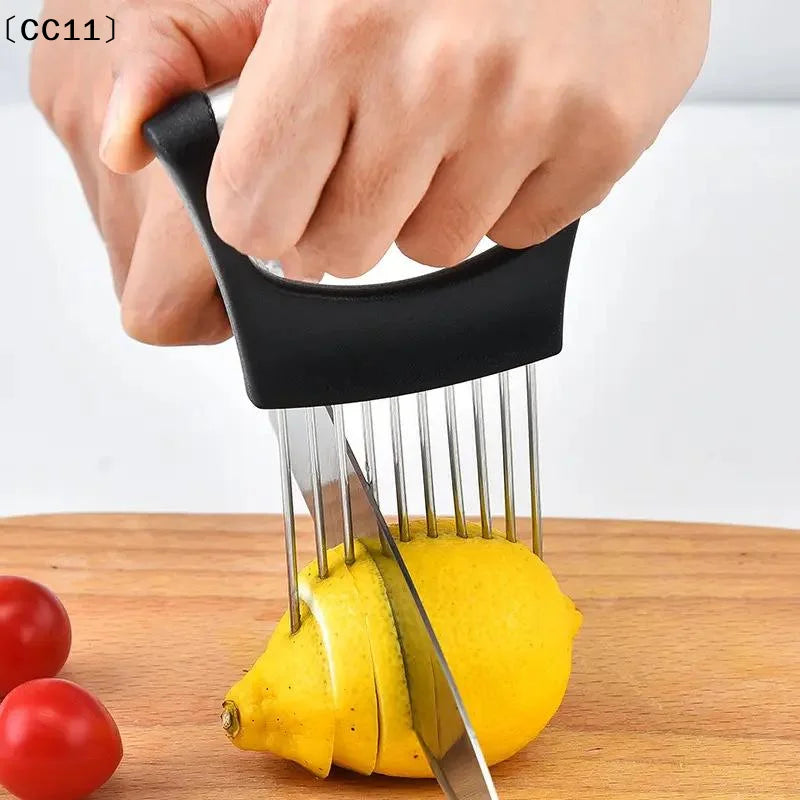 Stainless Steel Onion Cutter Holder Food Slicers Assistant Tomato Qme