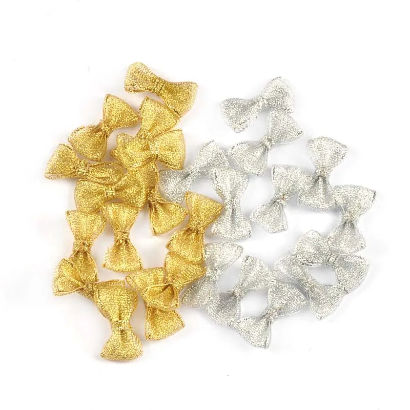 50Pcs 16x28mm Golden/Silver Christmas Bows For Xmas Party Flower Gifts Decor Handmade Accessories Bowknot Ribbons DIY Supplies Qme