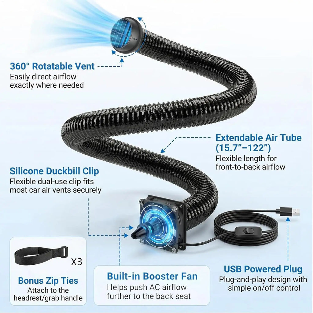 Car AC Vent Extender for Backseat with USB Airflow Fan 3 Meters Auto AC Vent Extender for Kids Pets SUV Truck Sedan Pickup Van Qme