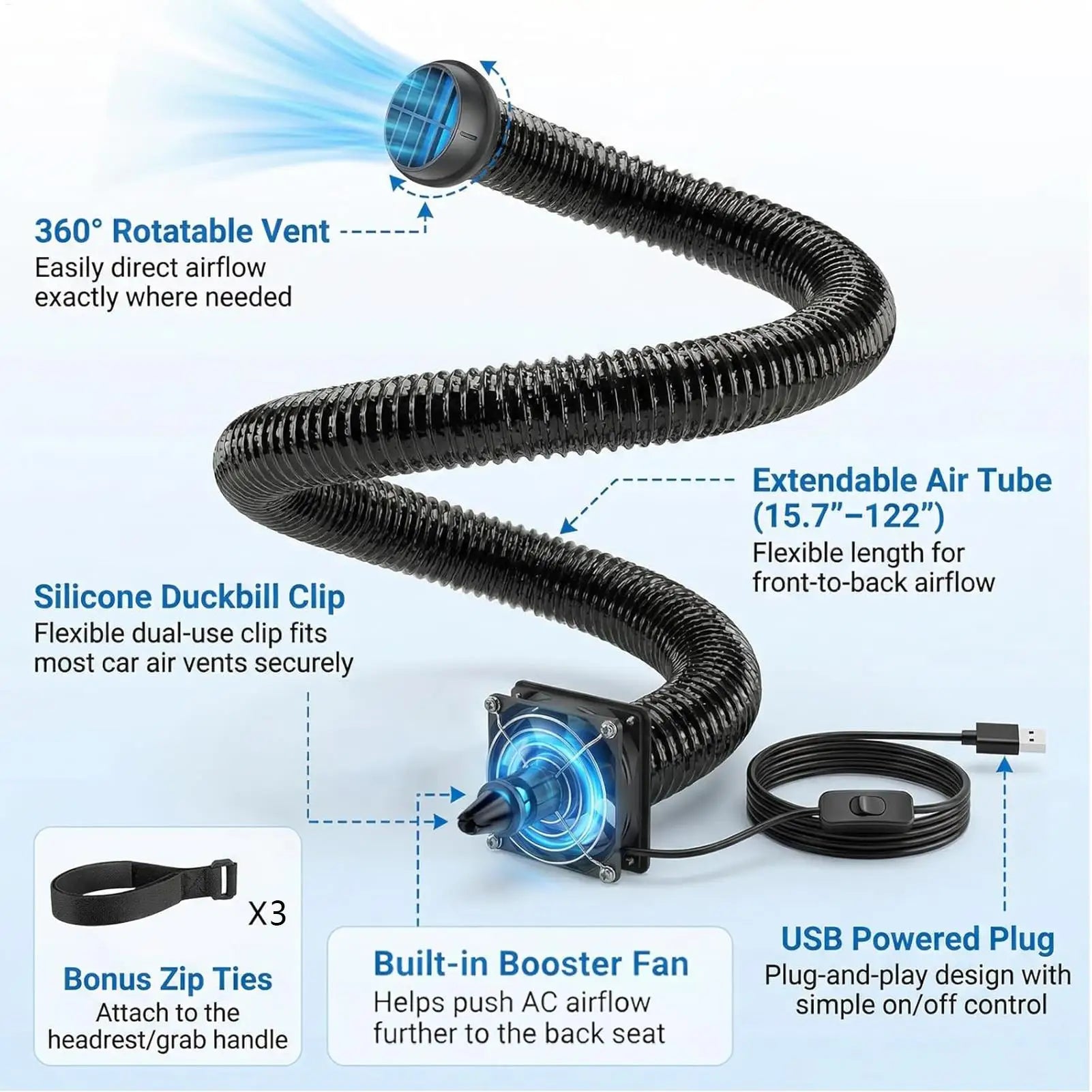 Car AC Vent Extender for Backseat with USB Airflow Fan 3 Meters Auto AC Vent Extender for Kids Pets SUV Truck Sedan Pickup Van Qme