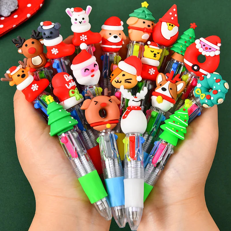 Cute Cartoon Plastic Multicolor Christmas Ballpoint Pens Creativity Silicone Snowman Elk Christmas Four-color Ballpoint Pen Qme 5Pcs--random