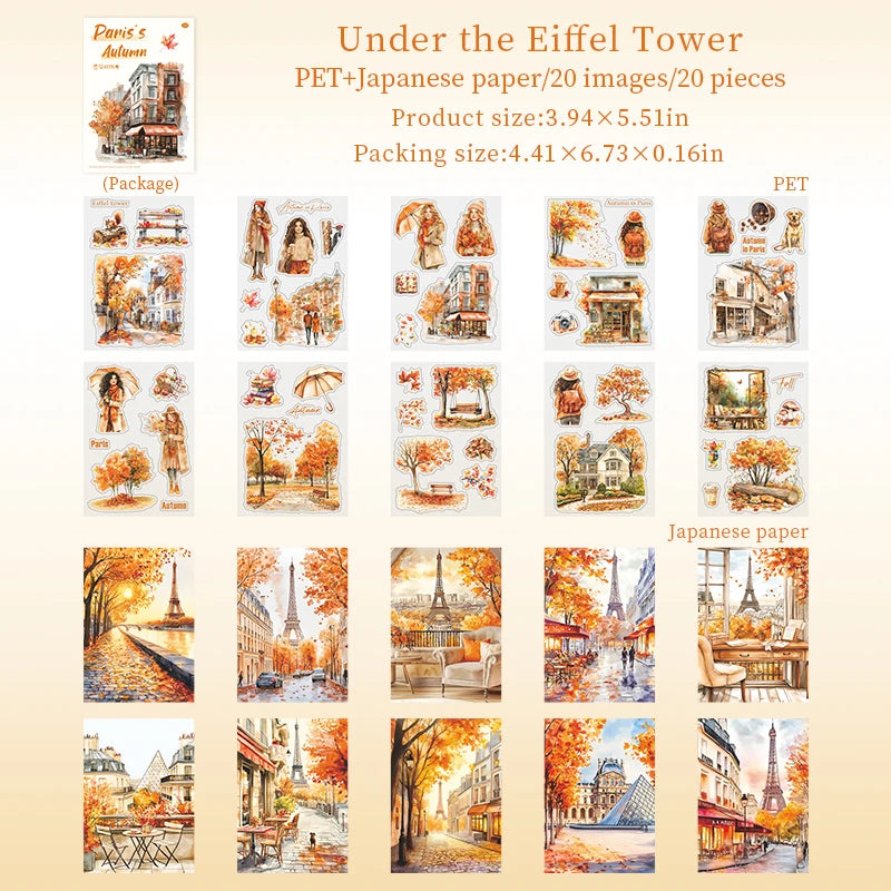 20 Sheets Paris Autumn Series Travel Theme Dual Material Sticker Book for DIY Scrapbooking Photo Frame Collage Decoration Qme 1