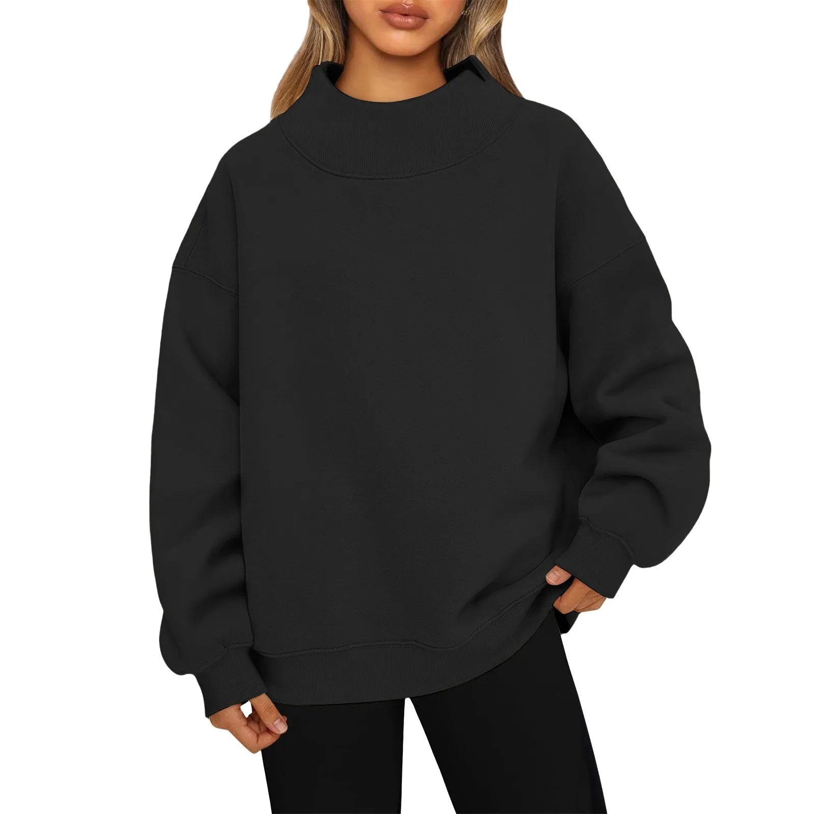 Fashionable Loose High Neck Long Sleeved Solid Color Hoodie for Lady Lazy Style Basic Casual Commuted Pullover Top Qme Black M