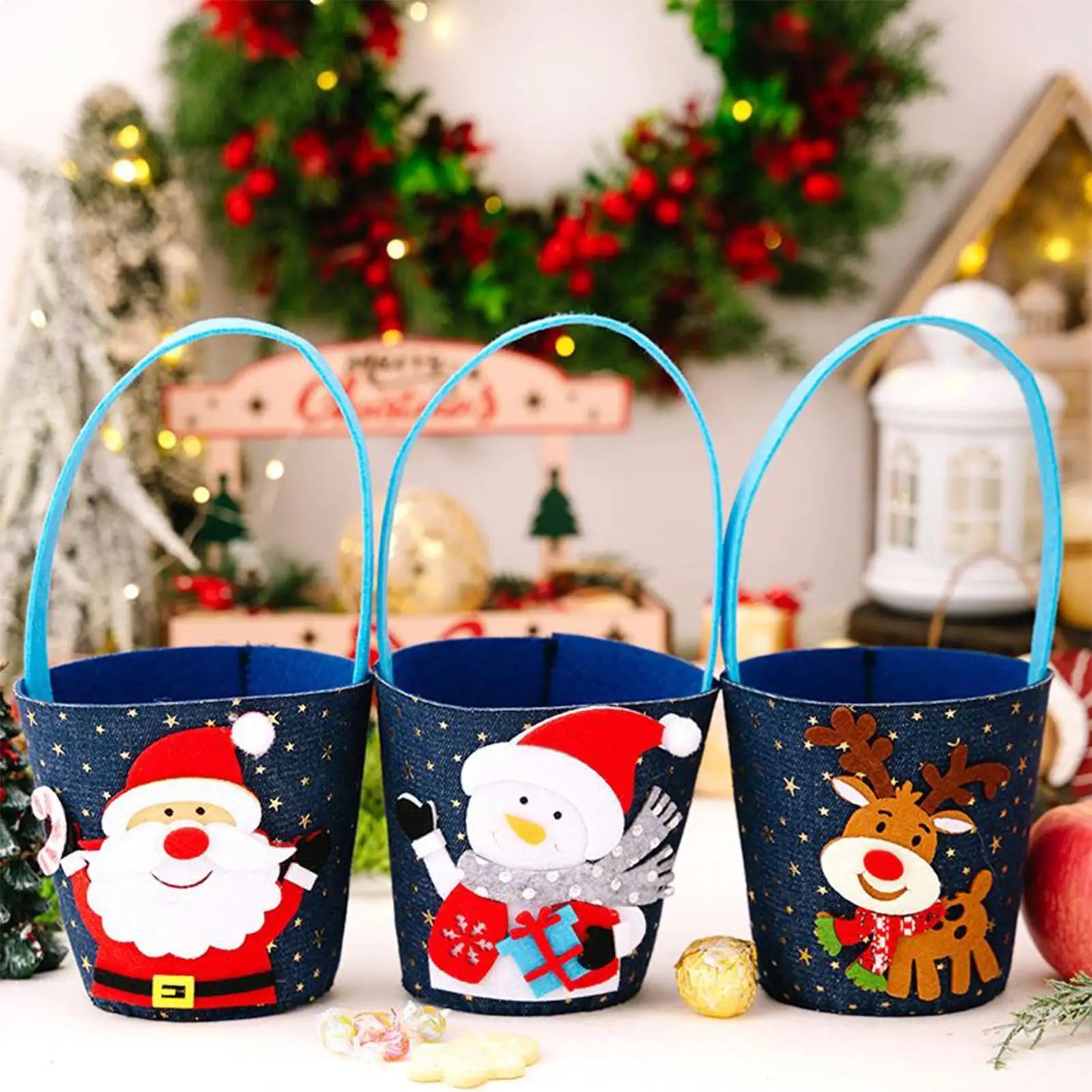 Christmas Candy Bags 3-Piece Cookie Goodie Bucket Festive Party Qme