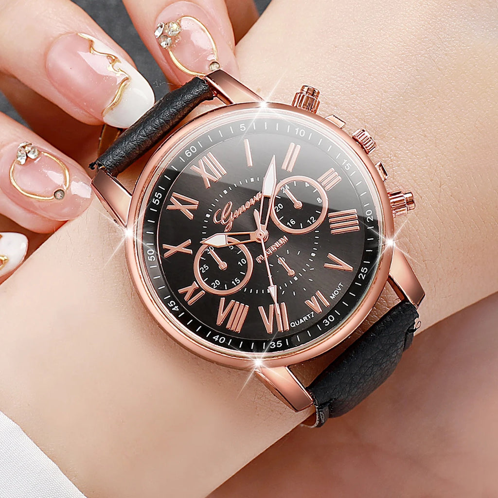 10PCS Women Watches Set Fashion Roma Dial Ladies Quartz Watch Casual Leather Band Wristwatches Relogio Feminino Reloj Mujer Qme