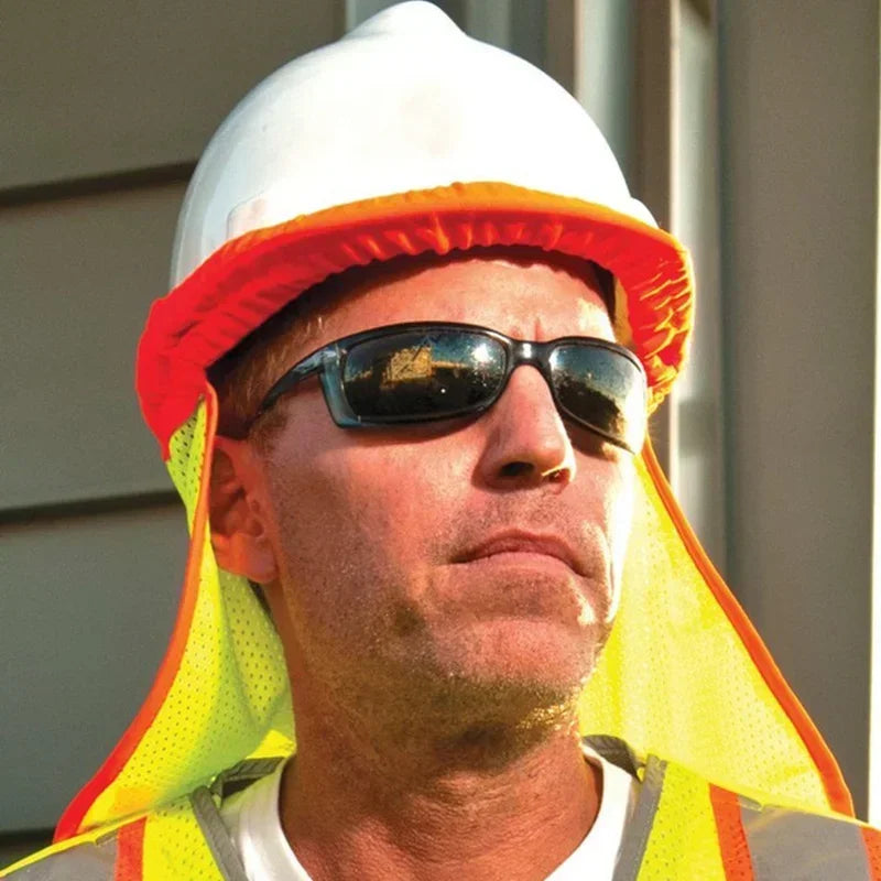 High Visibility Neon Reflective Stripe Sun Protector Neck Cover Safety Hard Hat Helmet with Elastic Breathable Mesh Shield Qme
