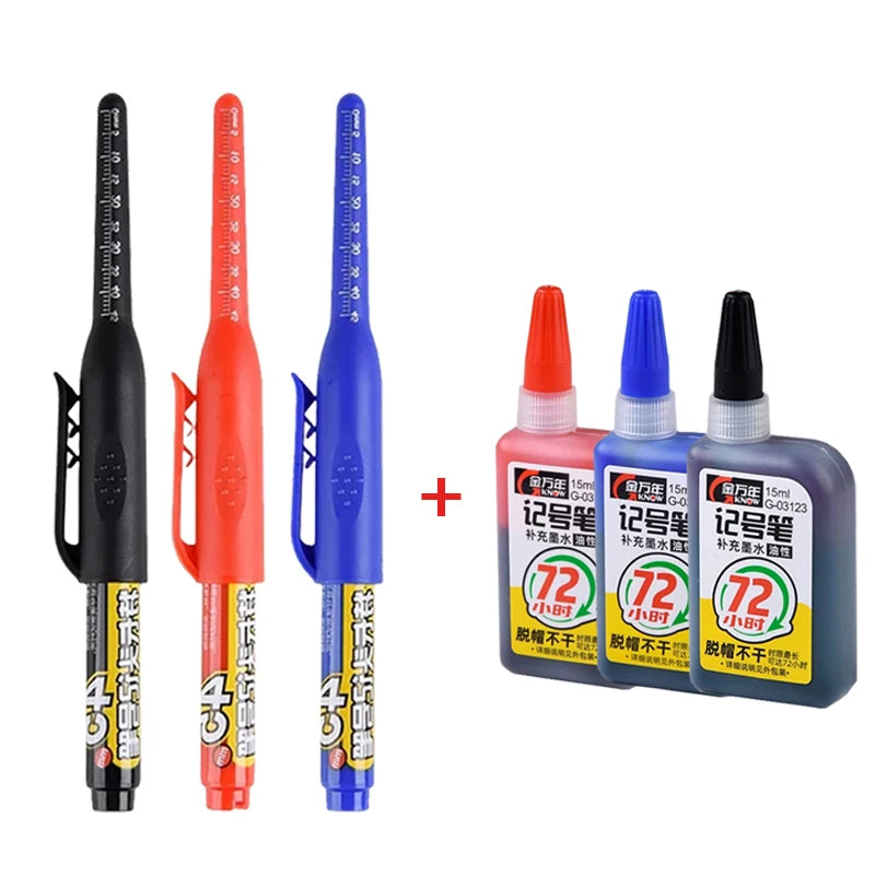 45mm Waterproof Deep Hole Marker Pens Long Nib Head Carpenter Pen Black/Blue/Red Ink for Multi-Purpose Woodworking Hand Tools Qme mix-3pen 3ink