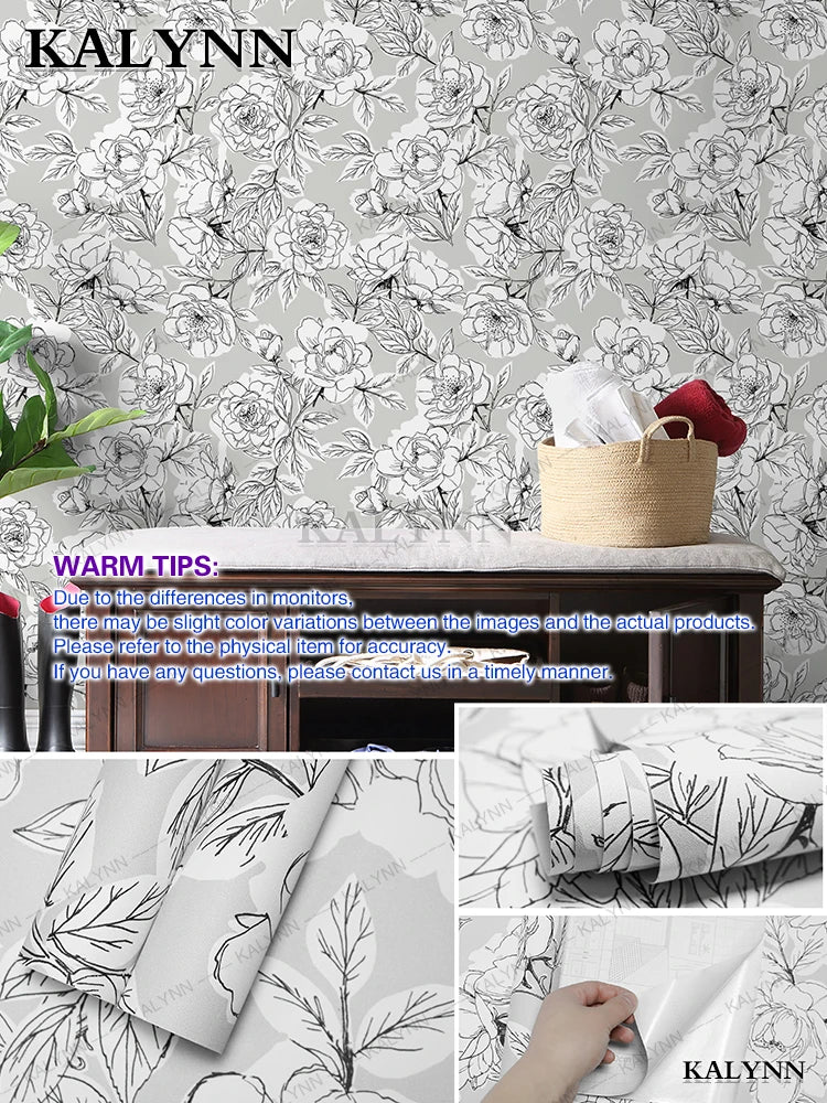 Floral Wall Stickers Self Adhesive Removable Wallpaper Vinyl Contact Qme Grey Background 16FTx17in(5mx45cm)