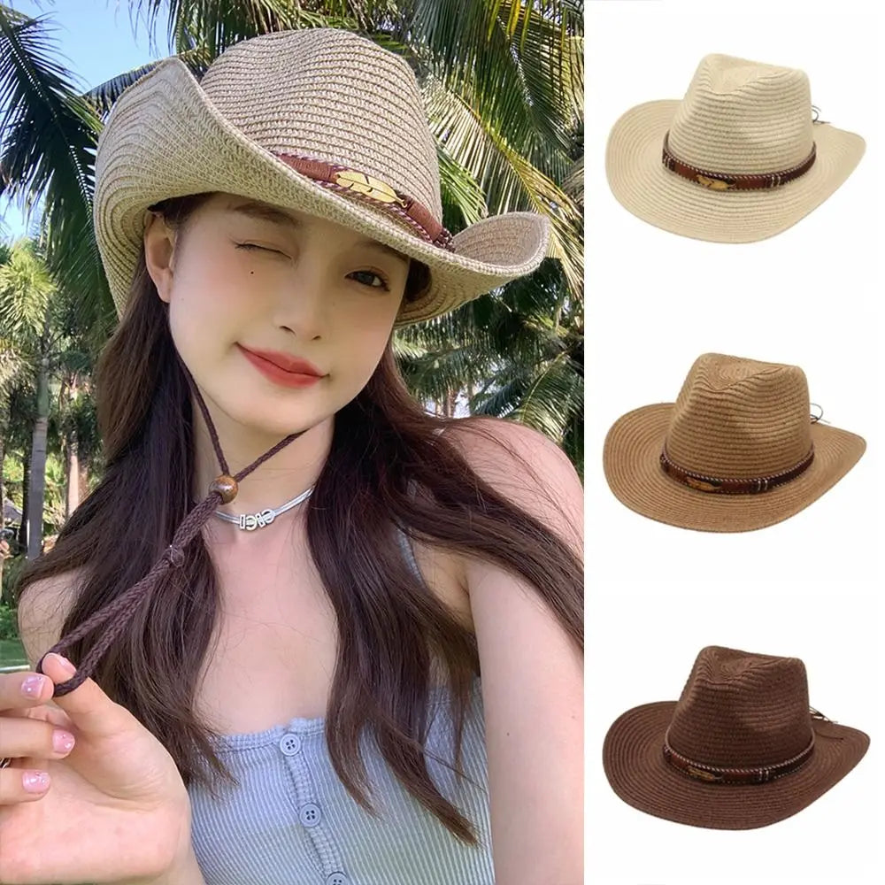 Fashion Summer Western Cowboy Hats Hiking Wide Brim Straw Cowgirl Hat Qme