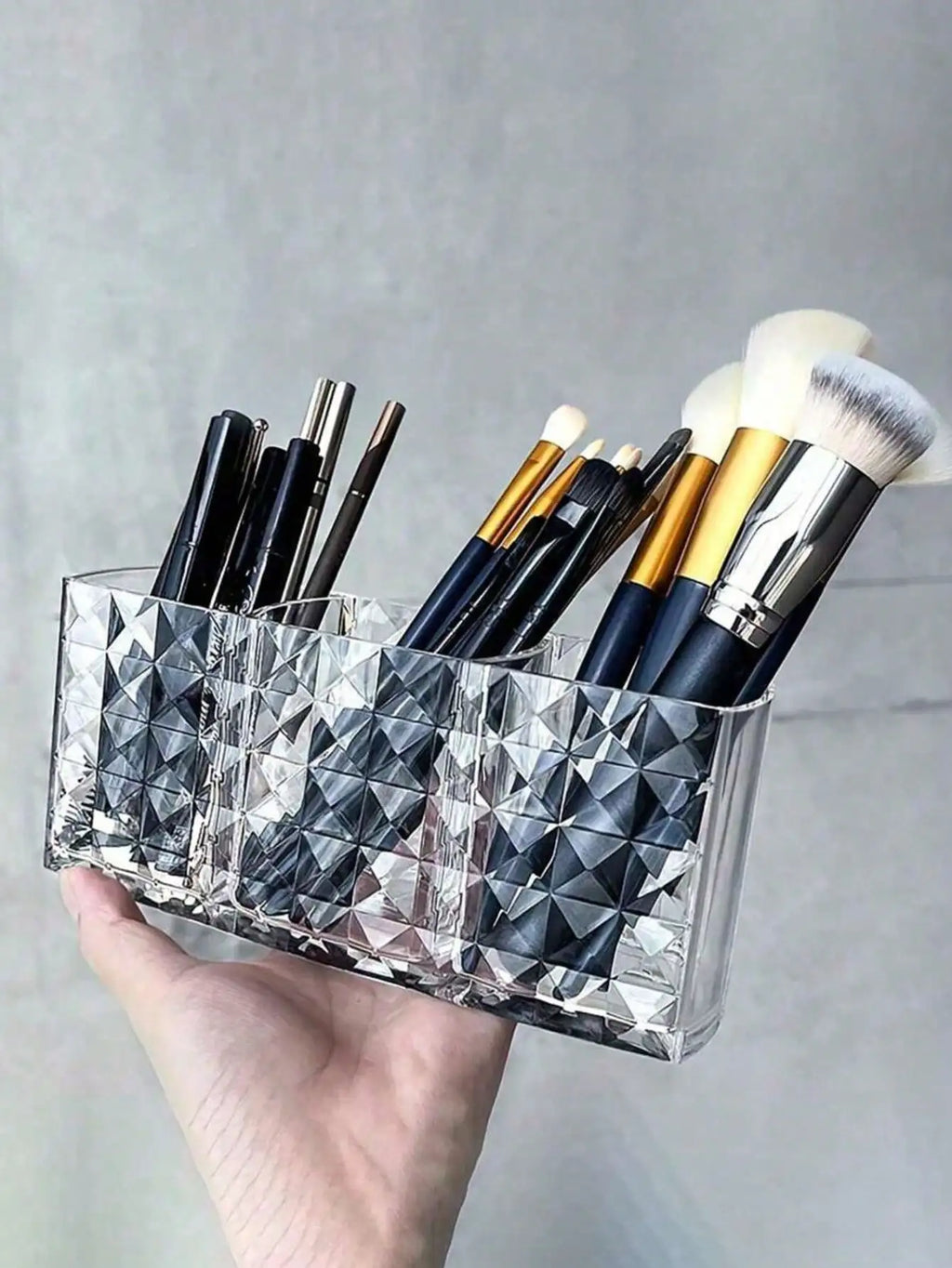Clear Acrylic Makeup Brush Organizer 3 Compartments Cosmetic Storage Qme