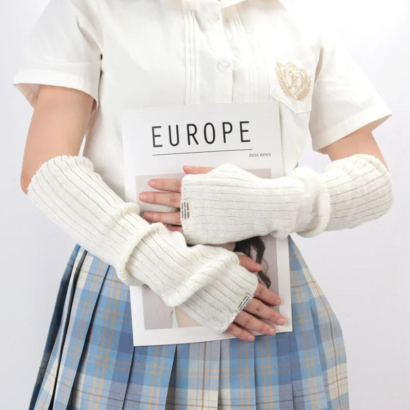 Women Y2K Fashion Fingerless Mittens White Black Cosplay Anime Gloves Qme WHITE