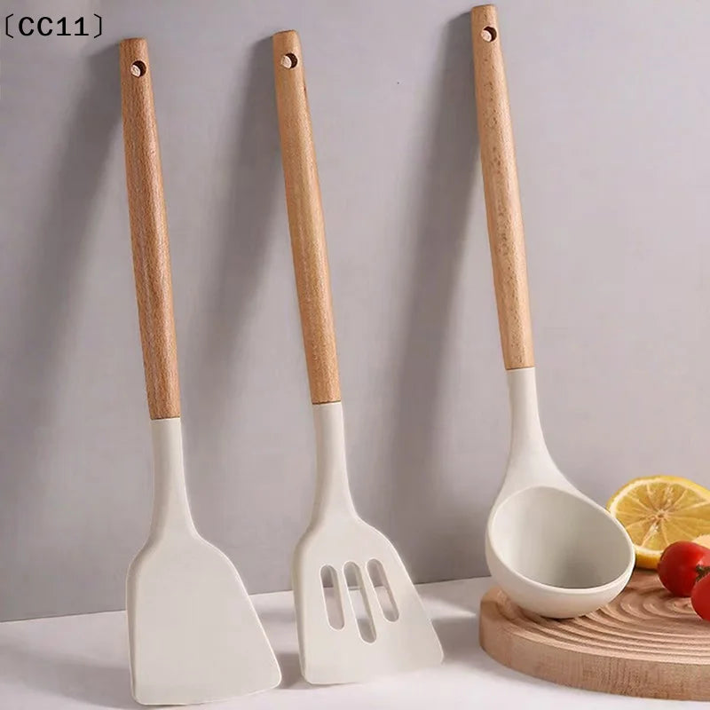Wooden Handle Silica Gel Spatula Temperature Pot Frying Soup Ladle Qme