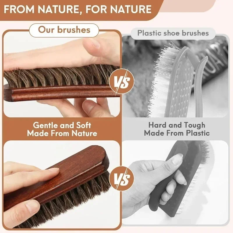Horsehair Shoe Brush Beech Wood Handle Leather Suede Cleaning Soft Qme