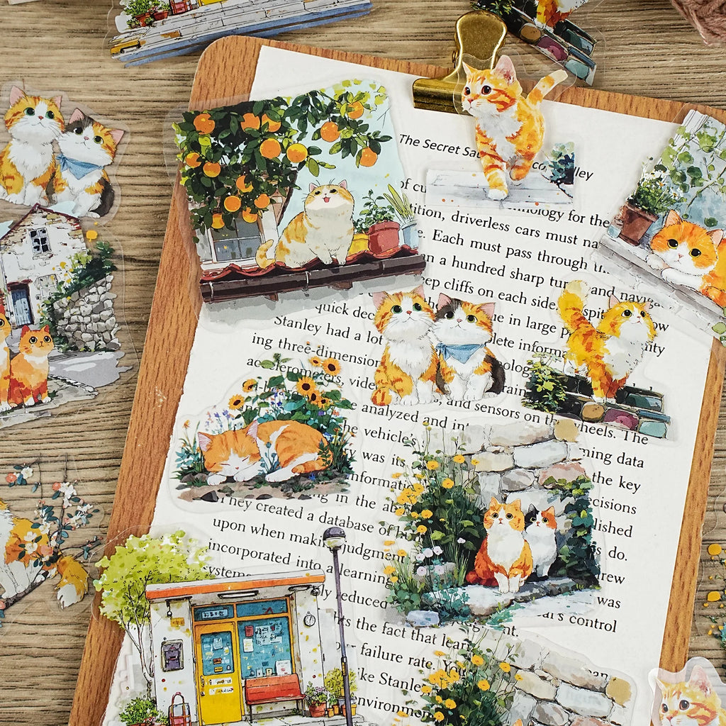 15Sheets/Bag Kawaii Cute Cartoon Cat Pet Theme PET Stickers for DIY Craft Scrapbooking Guitar Phone Case Laptop Water Bottle Dec Qme