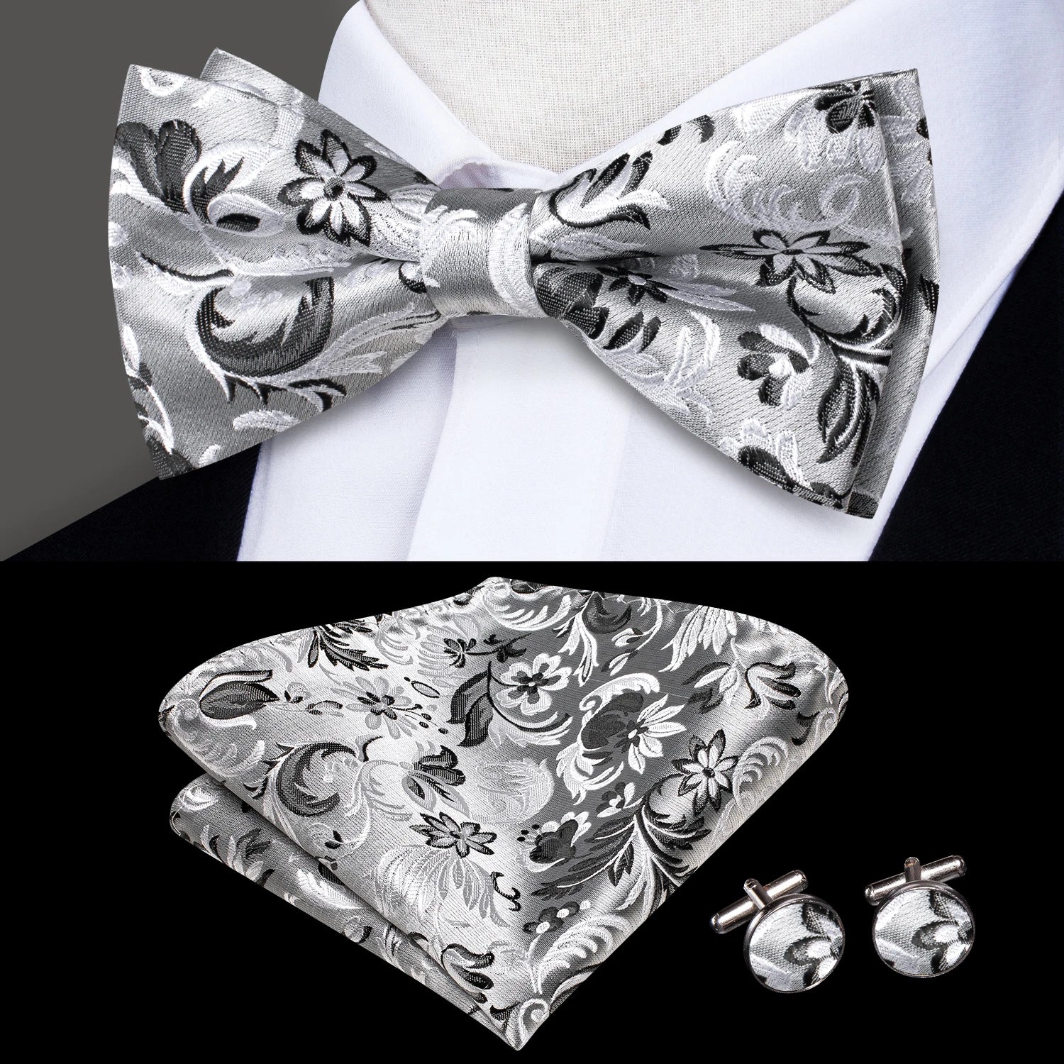 Hi-tie Grey Plaid Jacquard Pre-tied Mens Bow Tie Hanky Cufflinks