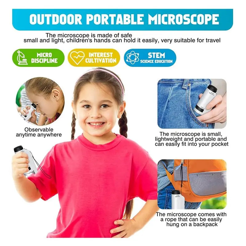 A02F-Mini Handheld Microscope For Kids 60X-180X Zoom LED Portable STEM& Science , Pocket Little Scientist Qme