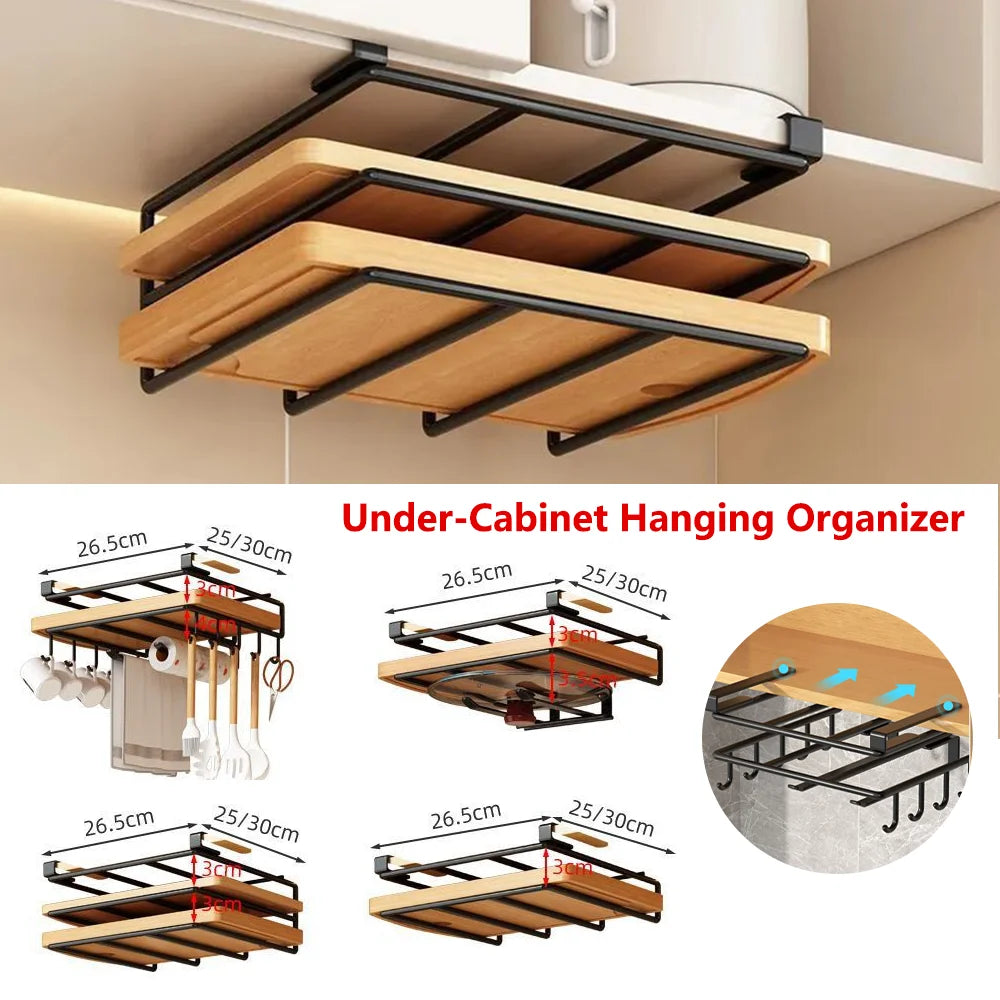 Kitchen Hanging Organizer Rack with Hooks Under Cupboard Paper Towel Rags Hanger Cutting Board Pot Cover Holder Storage Shelf Qme