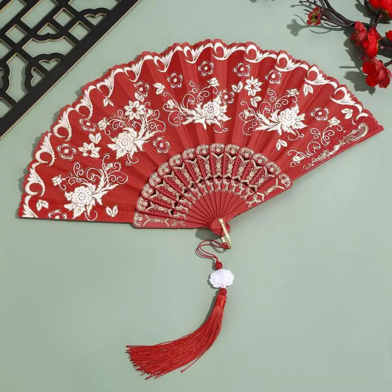 Gold Powder Plastic Fan Art Craft Home Decor Vintage Folding Chinese Qme A1
