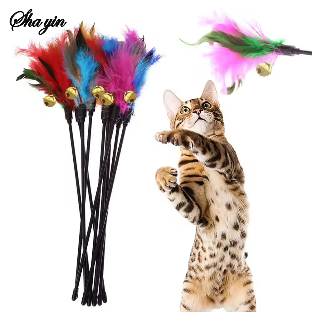 5pcs/set Cat Interactive Wand Colorful Feather Chicken Feather Cat Stick Bell Portable Creative Fashion Novelty Pet Cat Supplies Qme