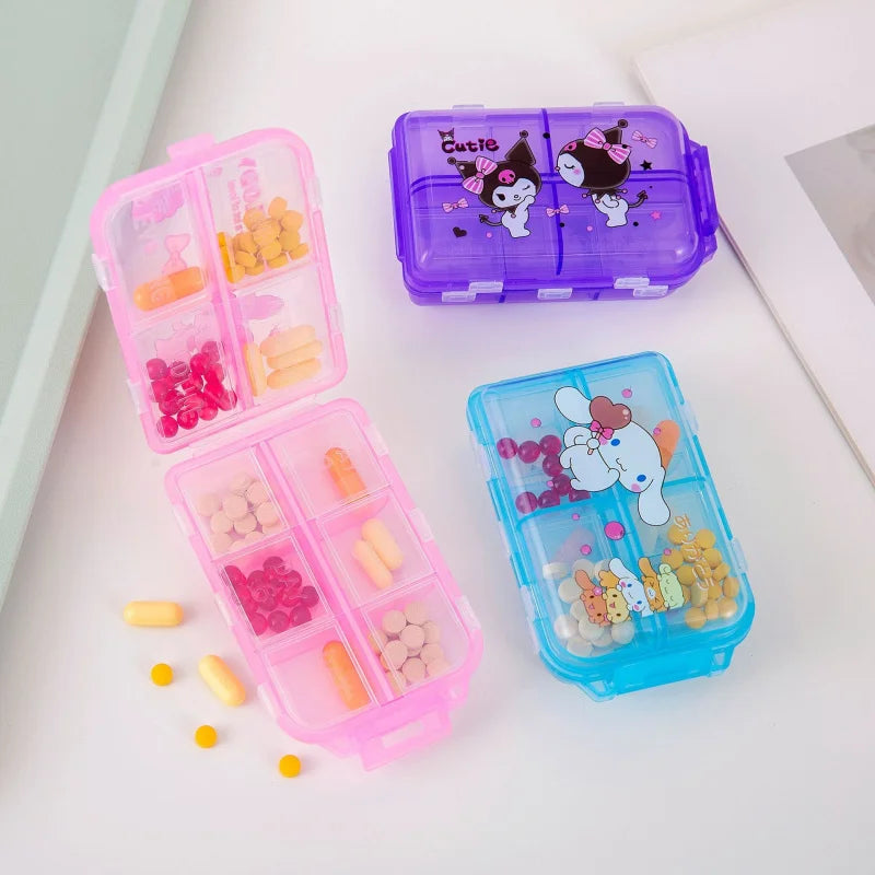 Hello Kitty Kuromi Storage Box Portable, Transparent, Multi-Compartment Pill Organizer Moisture-Proof, Airtight Pill Box Qme