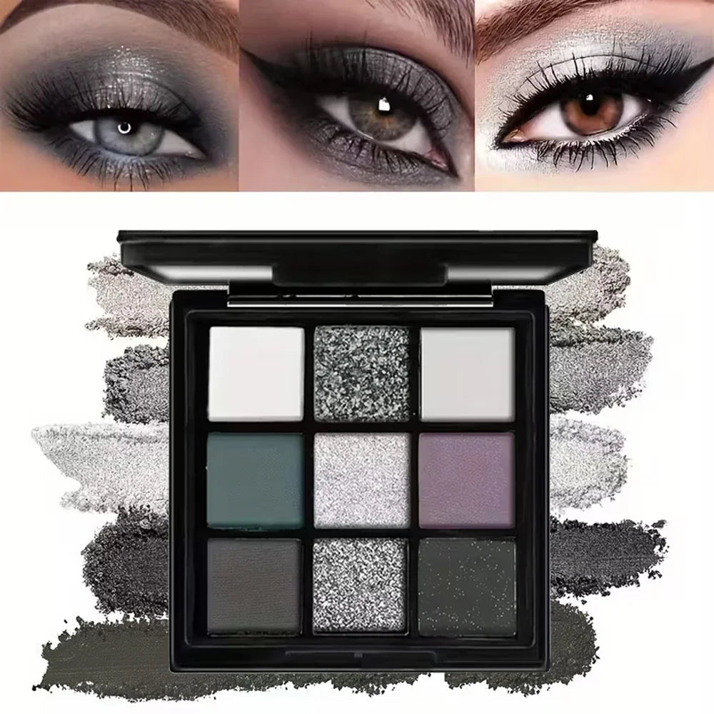 9-Color Dark Eyeshadow Palette Black Swan Smoky Matte Glitter Qme