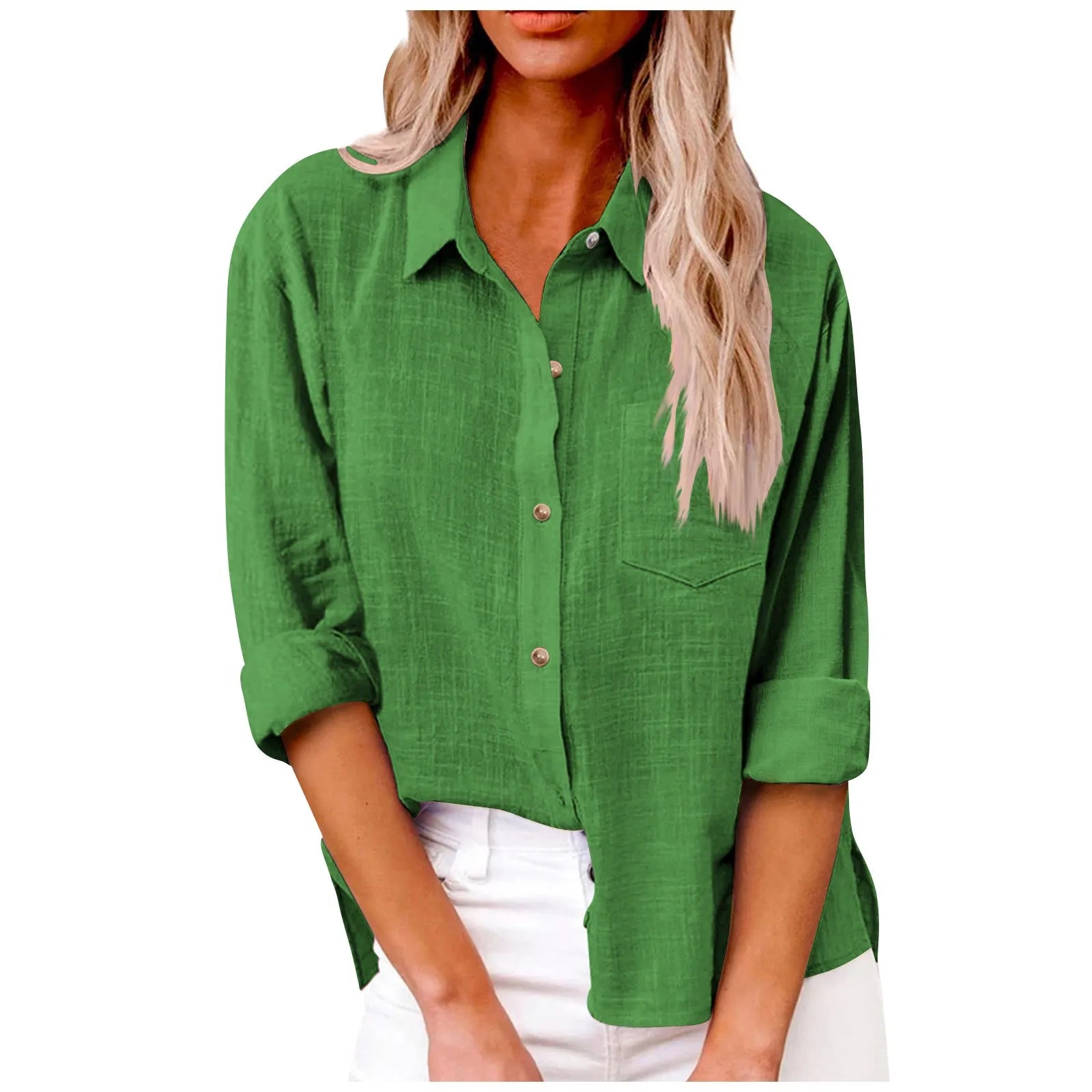 Women’s Long Sleeve Turn Down Collar Solid Color Retro Versatile T-shirts Large Sized Daily Basic Minimalist Dress Shirt For Lad Qme Green L