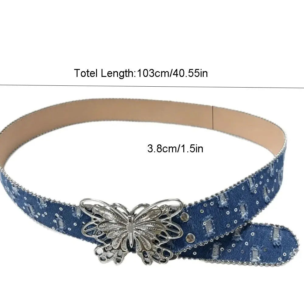 Fashion Sequins Butterfly Belt Y2K Hip Hop Wide Belt Punk Korean Style Denim Waistbands Daily Qme