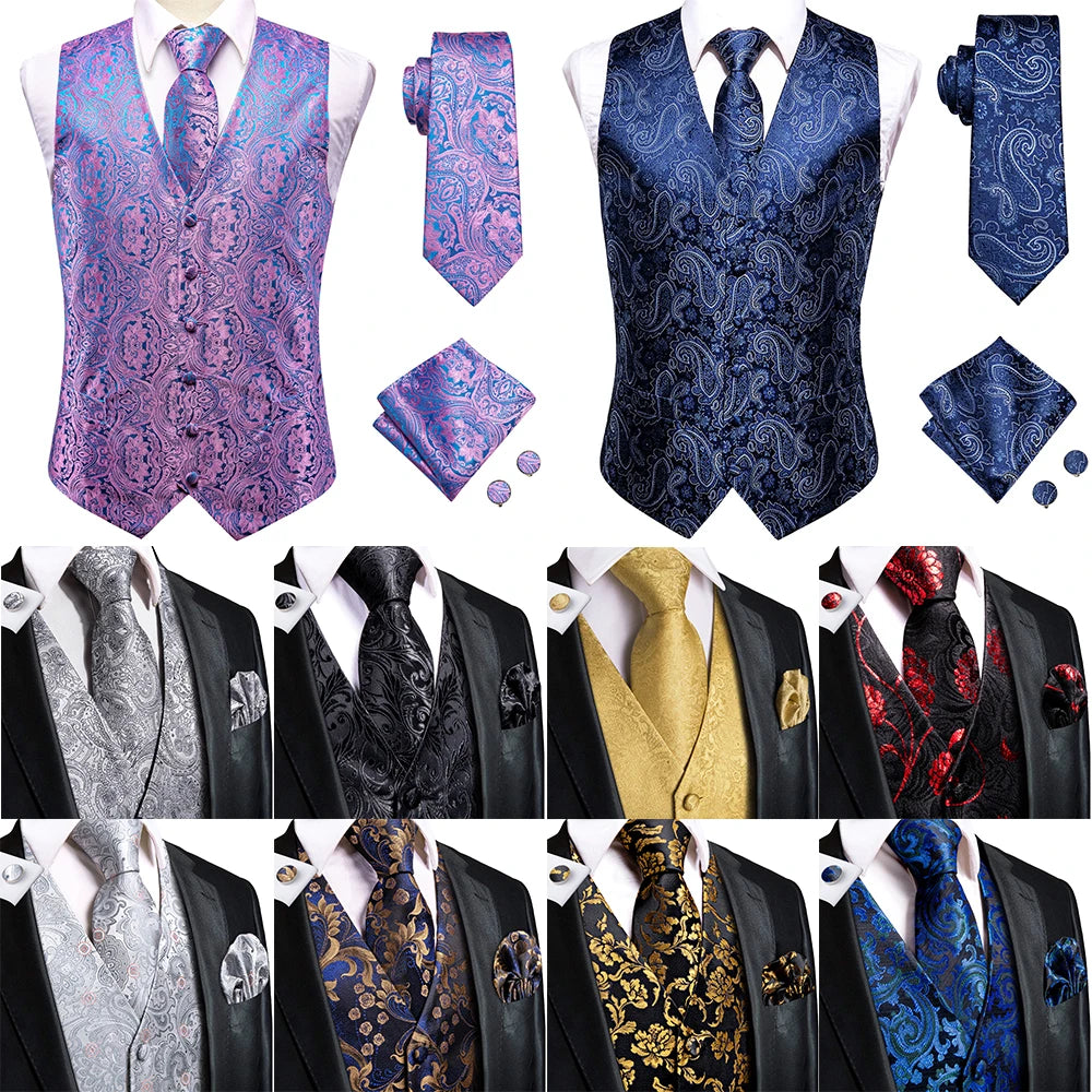 Wedding Purple Men Vest Paisley Floral Necktie Handkerchief Cufflinks Qme