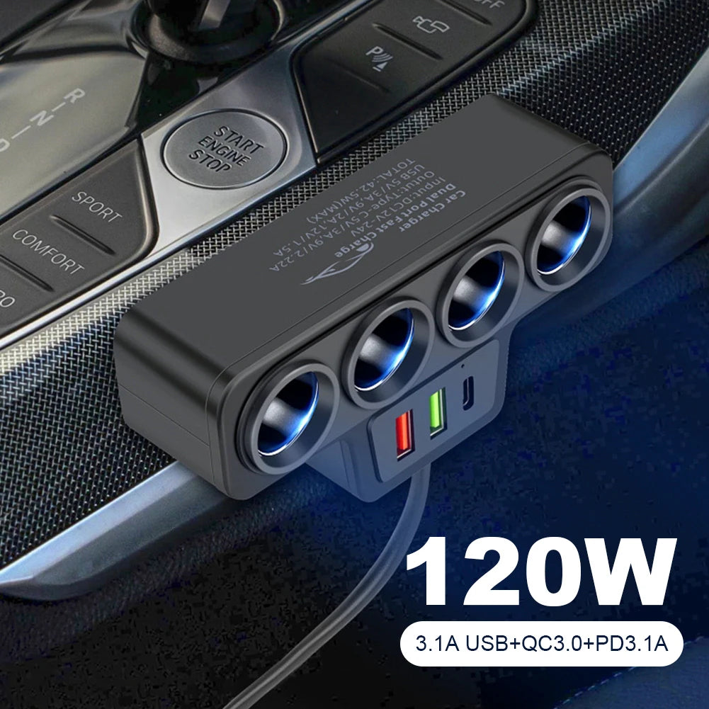 Car USB Charger QC3.0+PD 3.1A 12V-24V 3 USB Socket 4-Socket 3 USB Ports Car Cigarette Lighter Splitter USB Phone Charger Adapter Qme