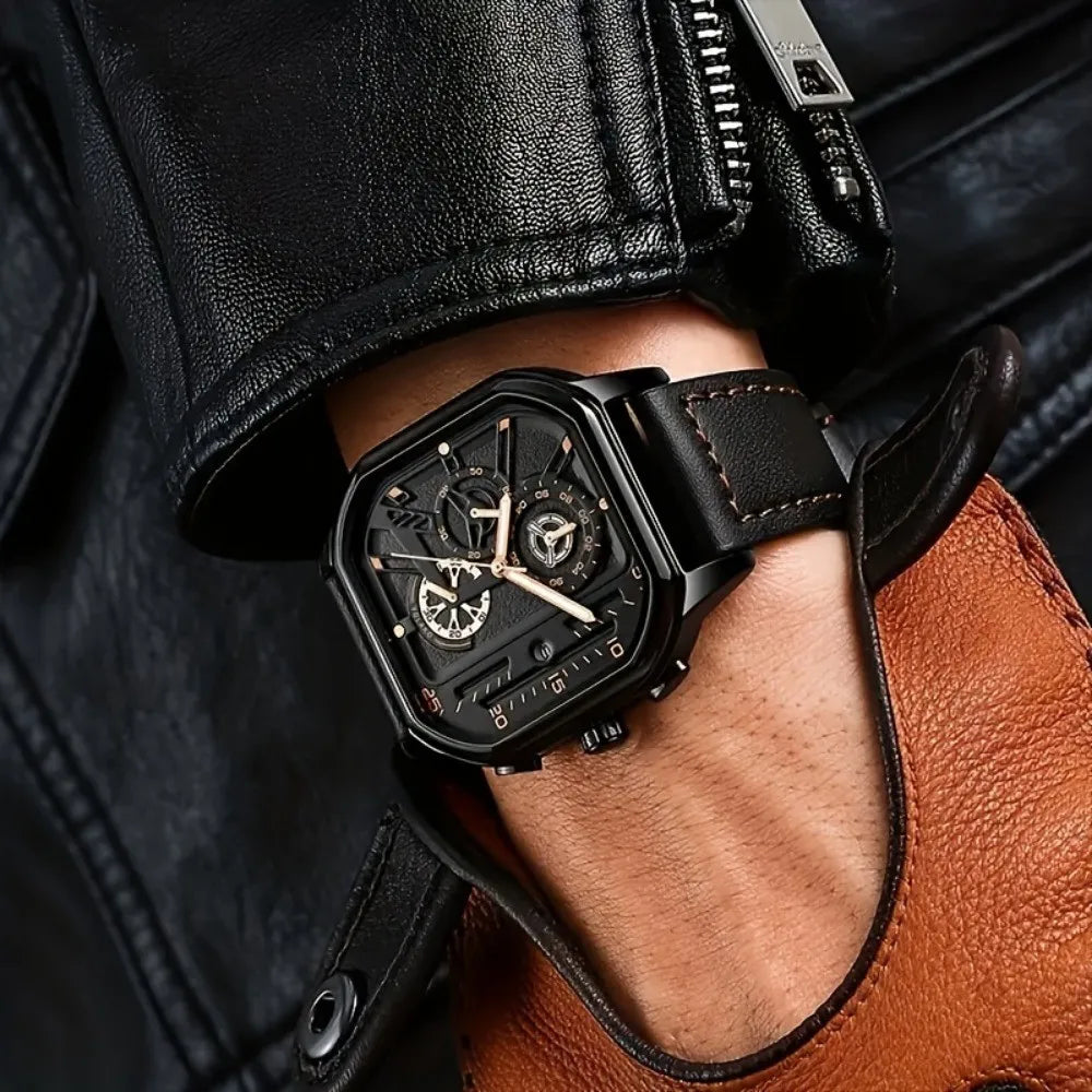 Luxury Square Case Men Chronograph Wristwatch, Multi-Subdial Hollow Dial Black Gold Accent Leather Strap Sport Business Quartz Qme
