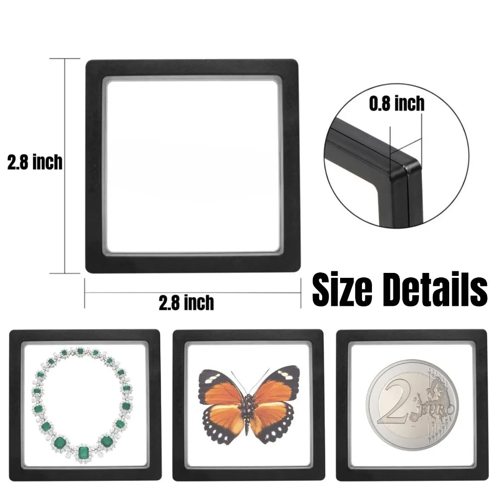 PE Film Display Box 3D Floating Coin Ring Necklace Earring Packaging Box 7x7cm Transparent Visible Jewelry Dustproof Storage Box Qme