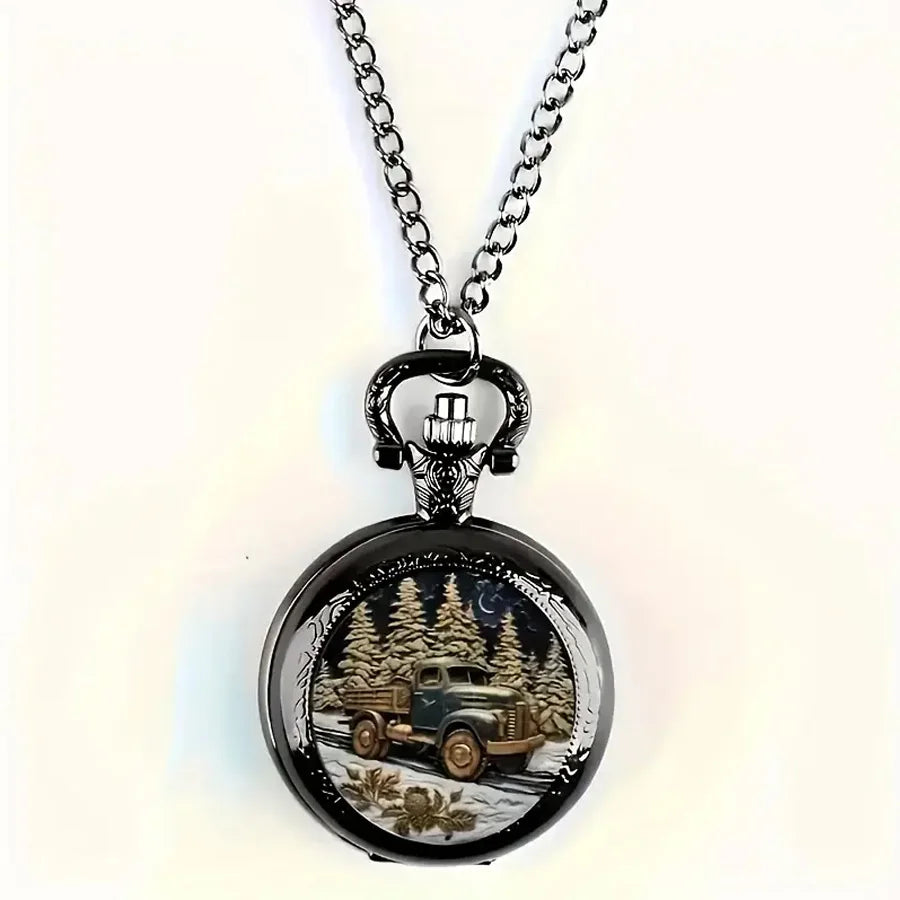 Retro Winter Night Moon Old Pickup Truck Relief Pocket Watch Ornate Carved Black Case Men Vintage Quartz Pocket Watch Qme
