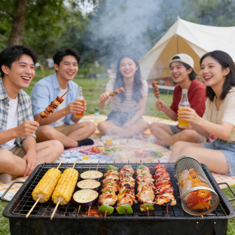 Stainless Steel Cylinder Rolling Grilling Basket Portable Round BBQ Rack Wire Mesh Barbecue Grate for Outdoor Camping Picnic Qme