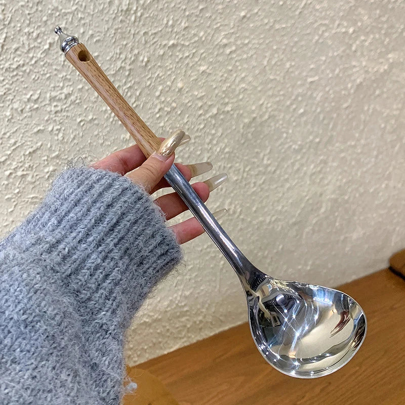 Stainless Steel Wooden Handle Soup Spoon Strainer Household Pot Ladle Qme soup spoon