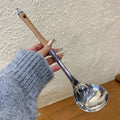 Stainless Steel Wooden Handle Soup Spoon Strainer Household Pot Ladle Qme soup spoon